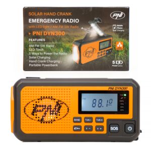 Prijenosni radio PNI DYN300, s dinamom, solarnim punjenjem, svjetiljkom, powerbank 4000 mAh, SOS, narančasta