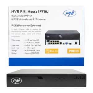NVR POE PNI House IP716J, 16 kanala 4K 8MP, 8 POE kanala i 8 IP kanala, crni