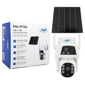 PNI IP794 kamera za video nadzor s Wi-Fi, PTZ, dvostruka leća 2MP + 2MP, solarna ploča od 5,5 W, blok baterija od 8000 mAh