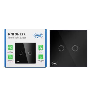 PNI SH222 stakleni dvostruki prekidač na dodir, crni s LED indikatorom, 10A, 2X200W