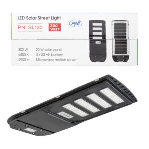 Svjetiljka za uličnu rasvjetu PNI SL130 20W, sa ugrađenim solarnim panelom 20W, 6500K, 2900lm, 4 x ugrađena baterija 20Ah, s