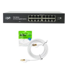 PNI SW016 Switch paket, 16 x 10/100/1000 Mbps, gigabit, metalno kućište i 1,5m CAT8 patch PNI U8015W