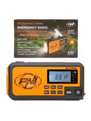 Prijenosni radio PNI DYN300, s dinamom, solarnim punjenjem, svjetiljkom, powerbank 4000 mAh, SOS, narančasta