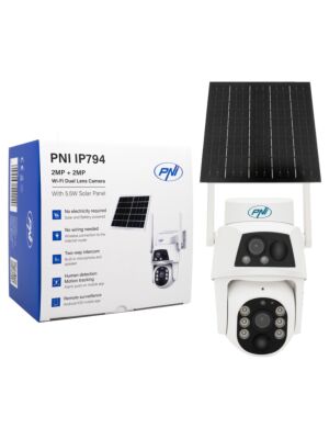 PNI IP794 kamera za video nadzor s Wi-Fi, PTZ, dvostruka leća 2MP + 2MP, solarna ploča od 5,5 W, blok baterija od 8000 mAh